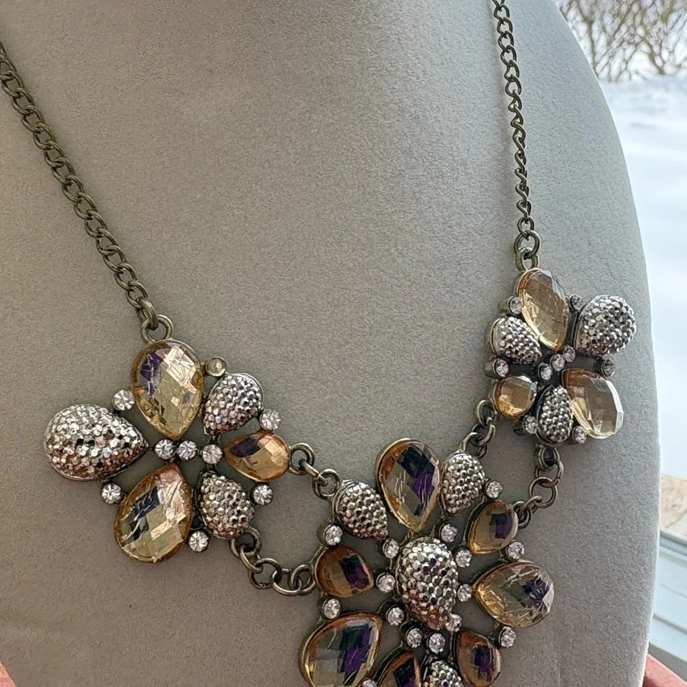Statement Cluster Floral Necklace Bronze Tone Amber Crystals